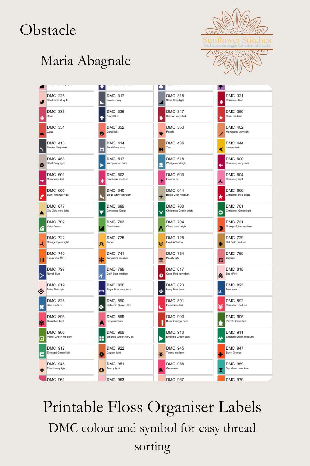  Obstacle printable floss organiser labels, showing DMC colour numbers and stitch symbols, Sunflower Stitches.