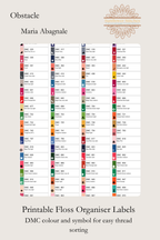  Obstacle printable floss organiser labels, showing DMC colour numbers and stitch symbols, Sunflower Stitches.