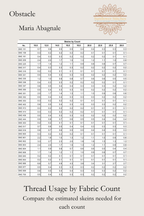 Obstacle thread usage table, comparing estimated DMC skein quantities by fabric count, Sunflower Stitches.