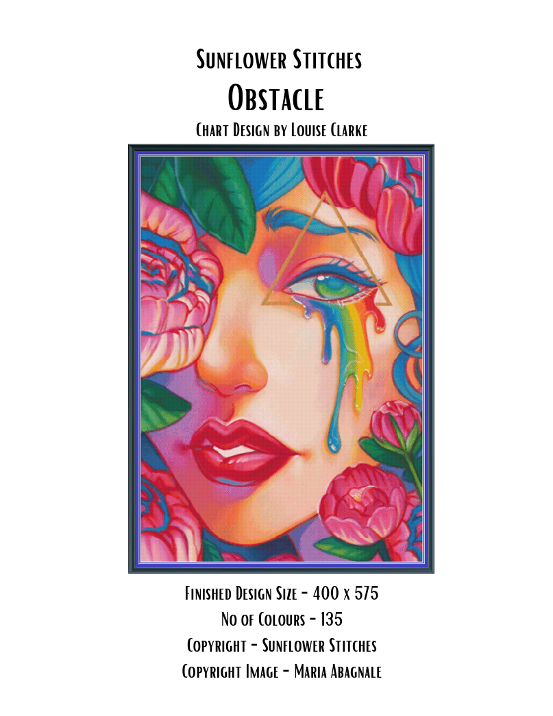 Obstacle chart cover, showing a colourful portrait with a green eye, rainbow tears and pink flowers, Sunflower Stitches.
