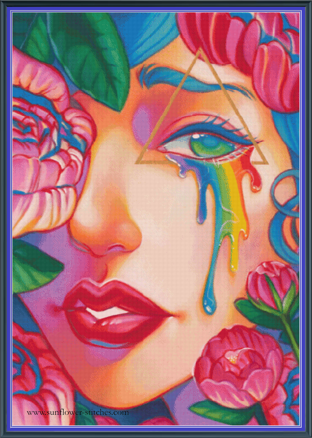 Obstacle cross stitch pattern mock-up, showing a green eye, rainbow tears and pink flowers, Sunflower Stitches.