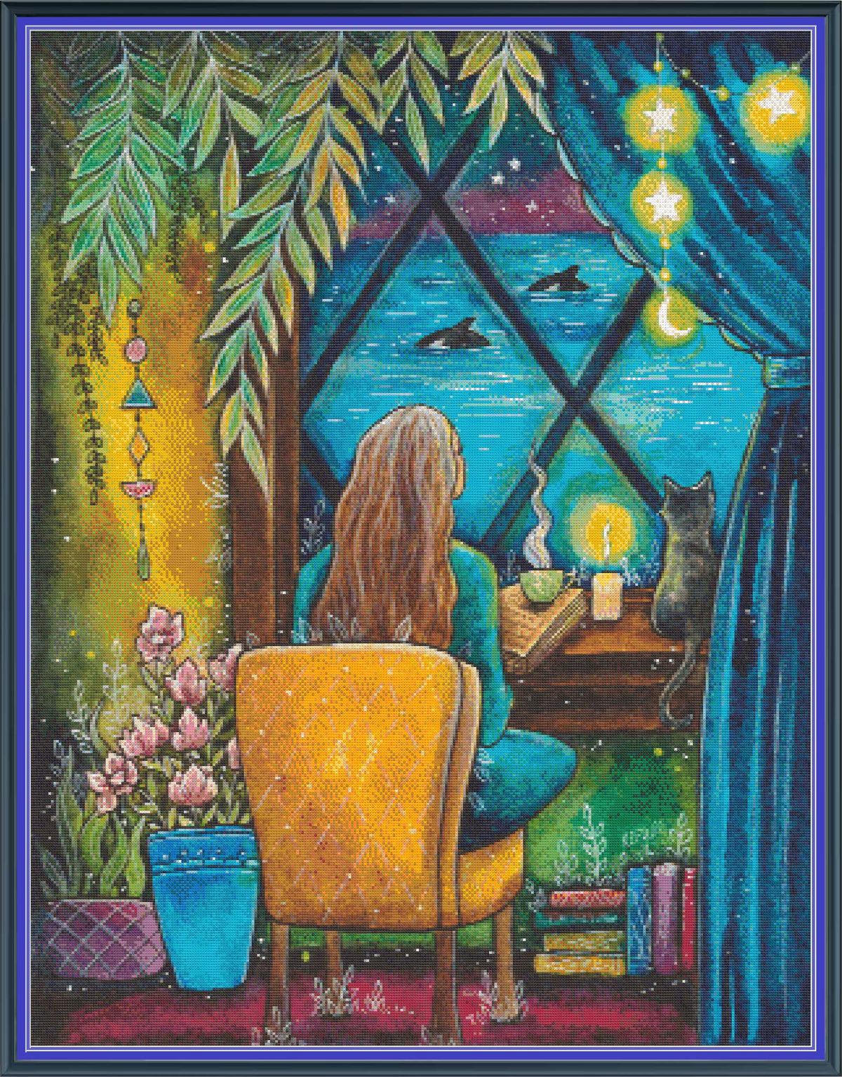 Digital PDF full-coverage cross-stitch chart of a woman and cat watching orcas, Ocean View by Sunflower Stitches.
