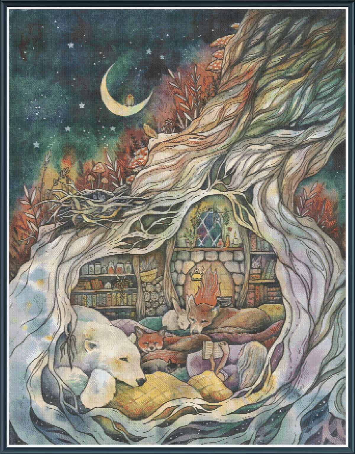 Digital PDF full-coverage cross-stitch chart of animals resting by a hearth, Restful Earth by Sunflower Stitches.