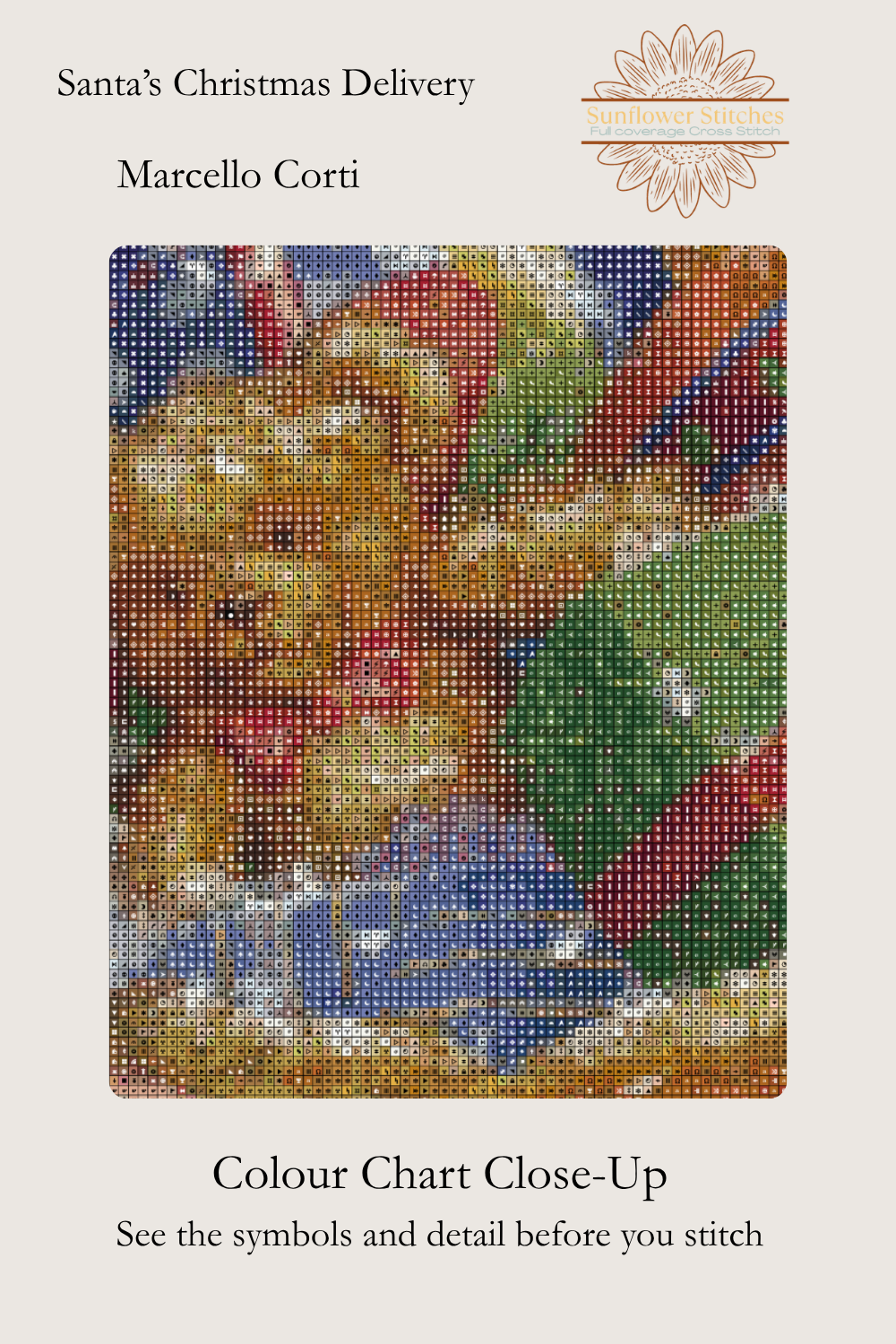 Santa’s Christmas Delivery cross stitch colour chart symbol preview showing counted stitched grid detail of Santa's bag of gifts, Sunflower Stitches.