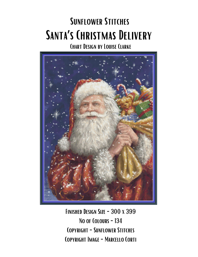 Sunflower Stitches chart cover for 'Santa's Christmas Delivery', featuring a central stitched design of Santa Claus in a red suit on a snowy blue background, with text detailing the finished design size and stitch count below.