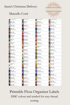 Santa’s Christmas Delivery cross stitch printable floss organiser labels preview showing DMC colour numbers and symbols for thread sorting, Sunflower Stitches.