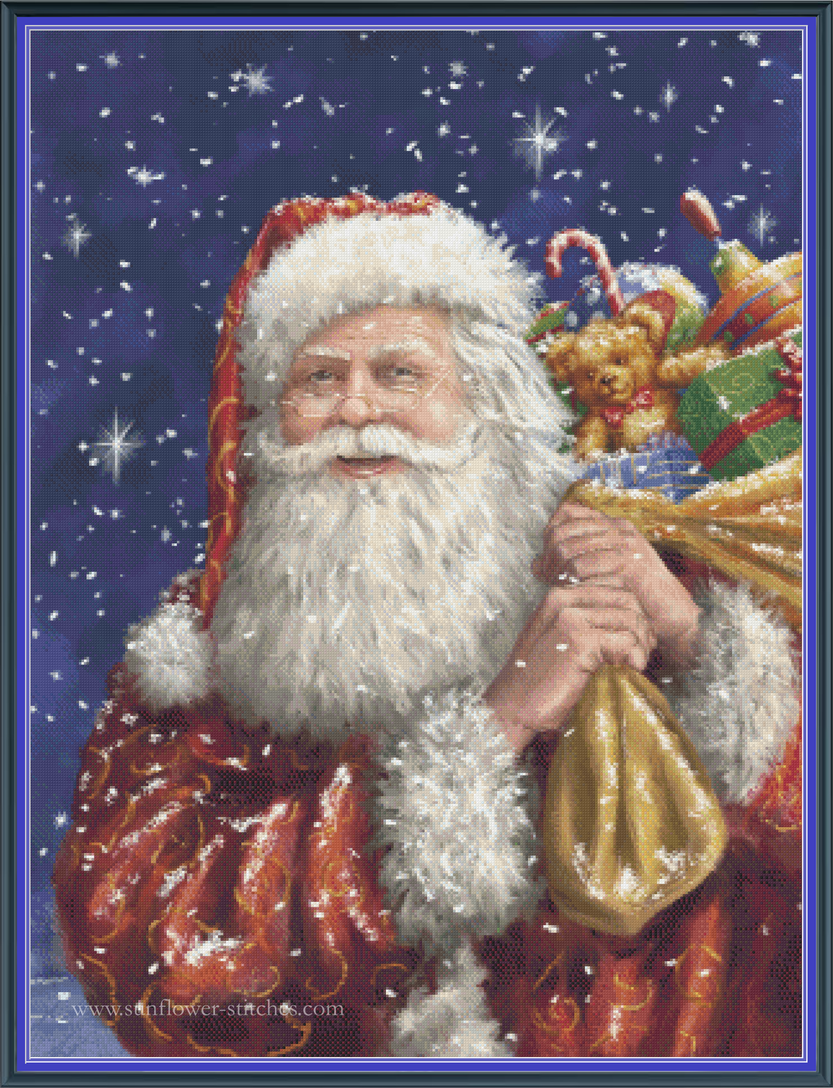 Santa’s Christmas Delivery cross stitch pattern mockup featuring Santa Claus in a red suit carrying a sack of gifts against a snowy blue night sky, artwork by Marcello Corti.