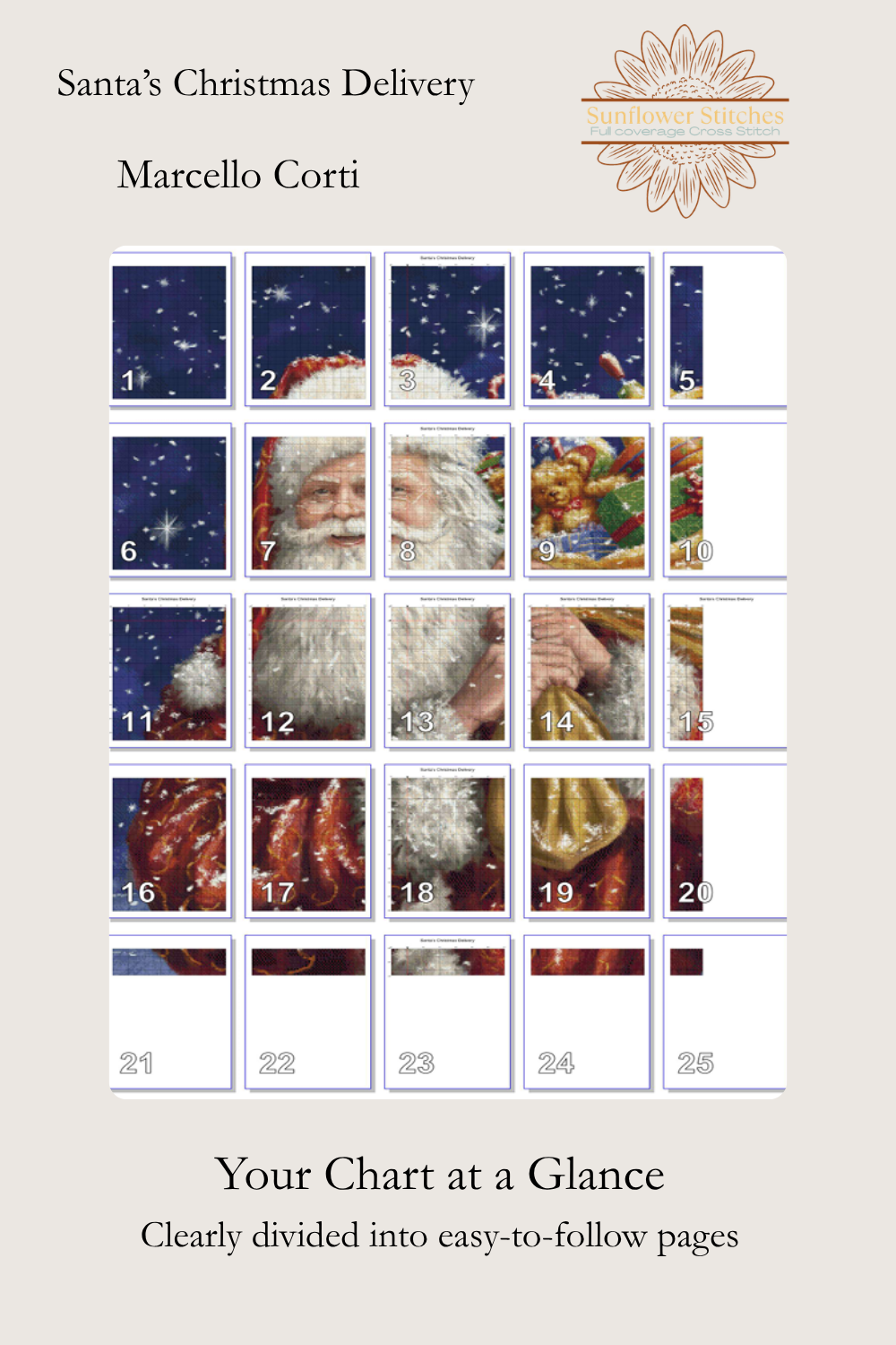 Santa’s Christmas Delivery cross stitch pattern page map layout showing numbered chart section grid, Sunflower Stitches.