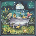 A cross stitch featuring an underwater mermaid-themed scene. A mermaid with long blonde hair sits in a bathtub with a basket, surrounded by yellow ducks, sea plants, and a mermaid tail.