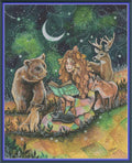 Digital PDF full-coverage cross-stitch chart of a girl reading with woodland animals, Sewn Together by Sunflower Stitches.