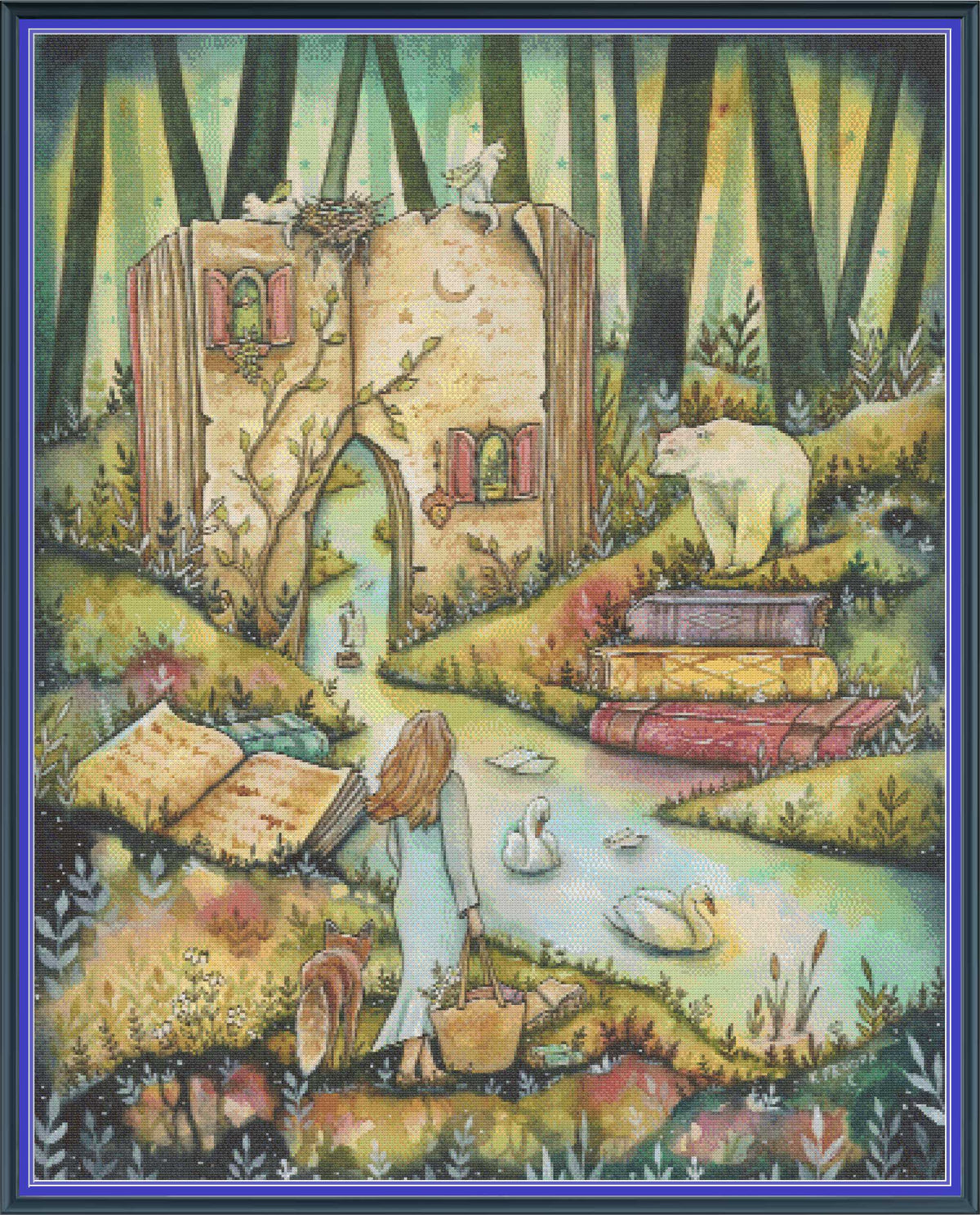 Digital PDF full-coverage cross-stitch chart of a girl approaching a book house, So Many Chapters by Sunflower Stitches.
