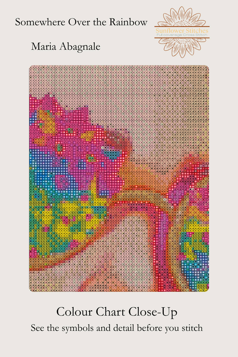 Somewhere Over the Rainbow colour chart close-up, stitch symbols over colourful sunglasses, Sunflower Stitches.