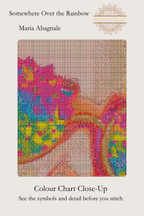 Somewhere Over the Rainbow colour chart close-up, stitch symbols over colourful sunglasses, Sunflower Stitches.