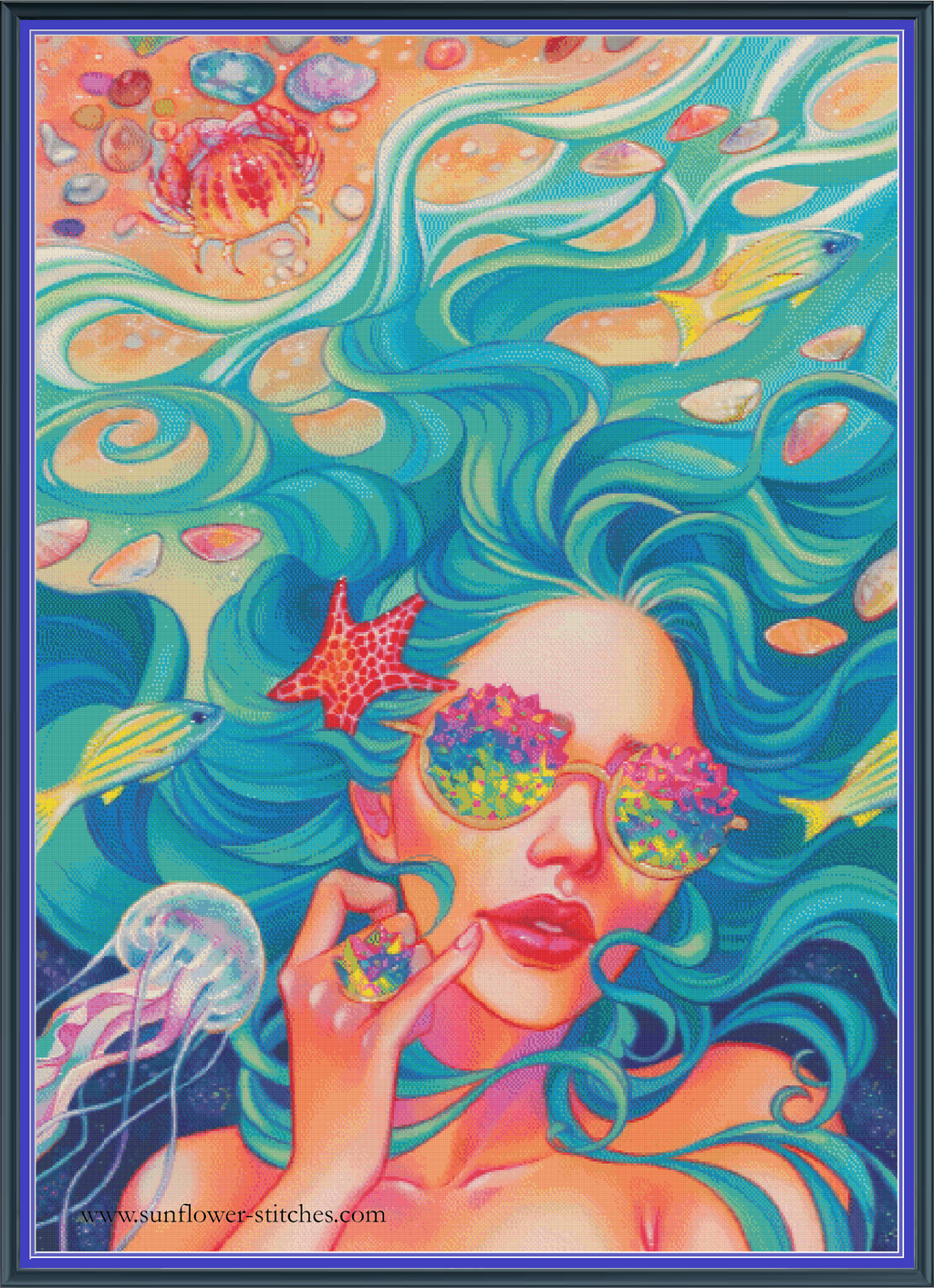 Somewhere Over the Rainbow cross stitch mock-up, turquoise-haired woman with sunglasses and sea creatures, Sunflower Stitches.