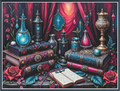 A richly detailed fantasy still life cross stitch featuring ornate blue and red books, glowing blue glass bottles, a brass apothecary vessel, an open book, roses, and deep red curtains in the background.