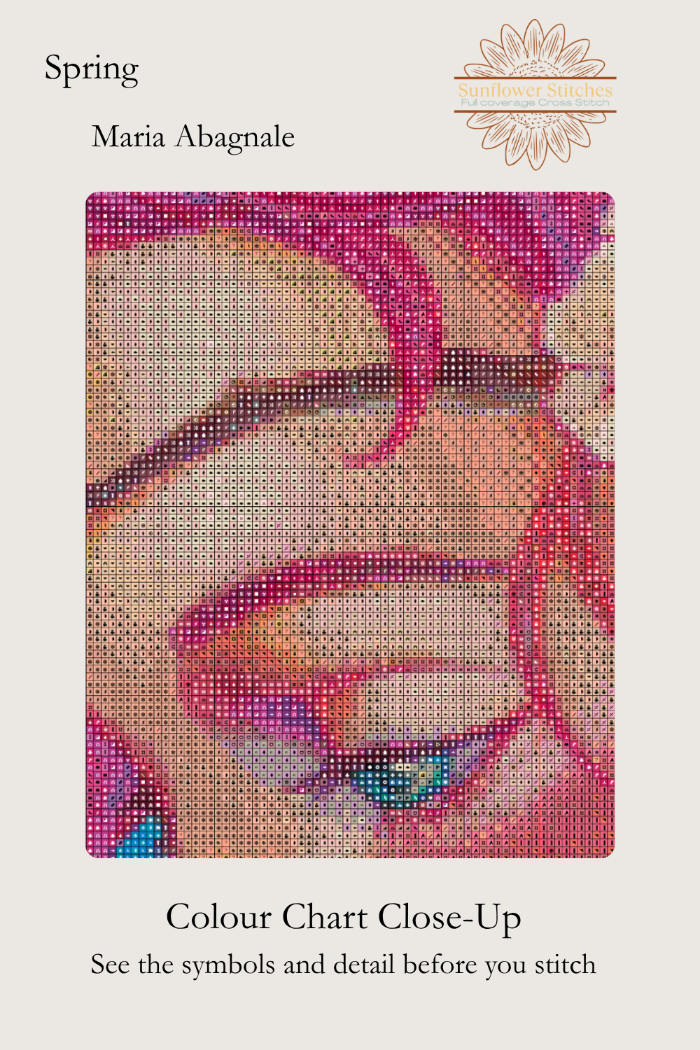 Spring colour chart close-up, showing stitch symbols over the woman’s eye and pink hair, Sunflower Stitches.