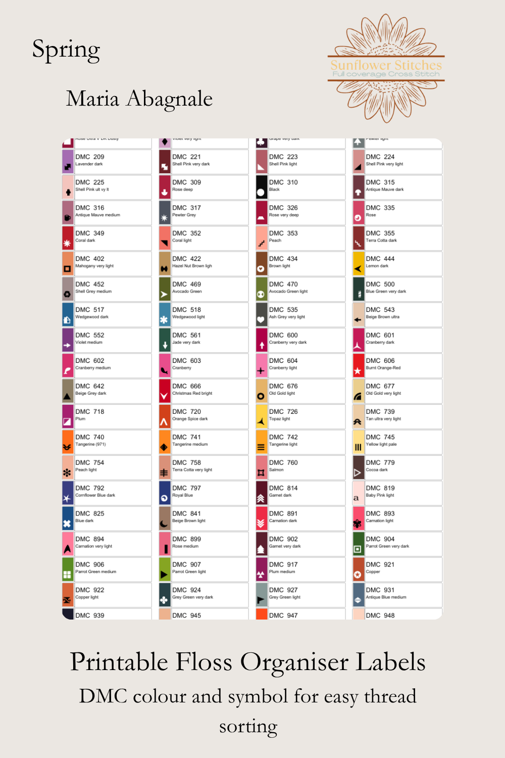  Spring printable floss organiser labels, showing DMC colour numbers and stitch symbols, Sunflower Stitches.