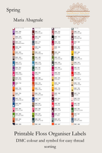  Spring printable floss organiser labels, showing DMC colour numbers and stitch symbols, Sunflower Stitches.