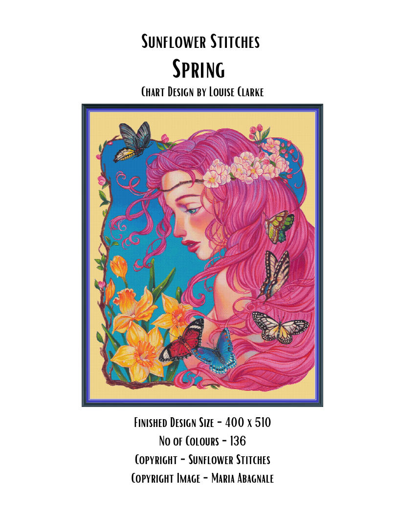 Spring chart cover, showing a pink-haired woman with butterflies, yellow daffodils and pink blossom, Sunflower Stitches.