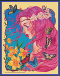 Spring cross stitch pattern mock-up, showing a pink-haired woman, butterflies and yellow daffodils, Sunflower Stitches.