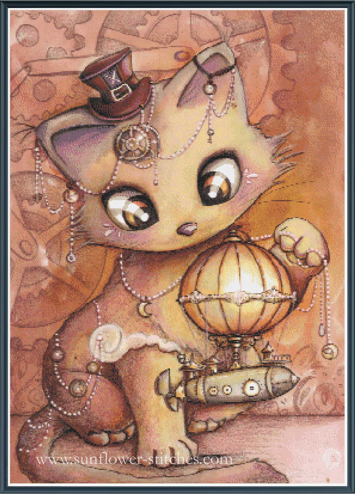 Steampunk-style cross stitch of a small beige cat wearing a top hat, goggles, and jewelry, holding a hot air balloon and small airplane against a warm mechanical background. 