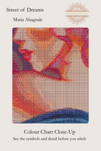Street of Dreams colour chart close-up, showing stitch symbols over the woman’s face and shoulder, Sunflower Stitches.