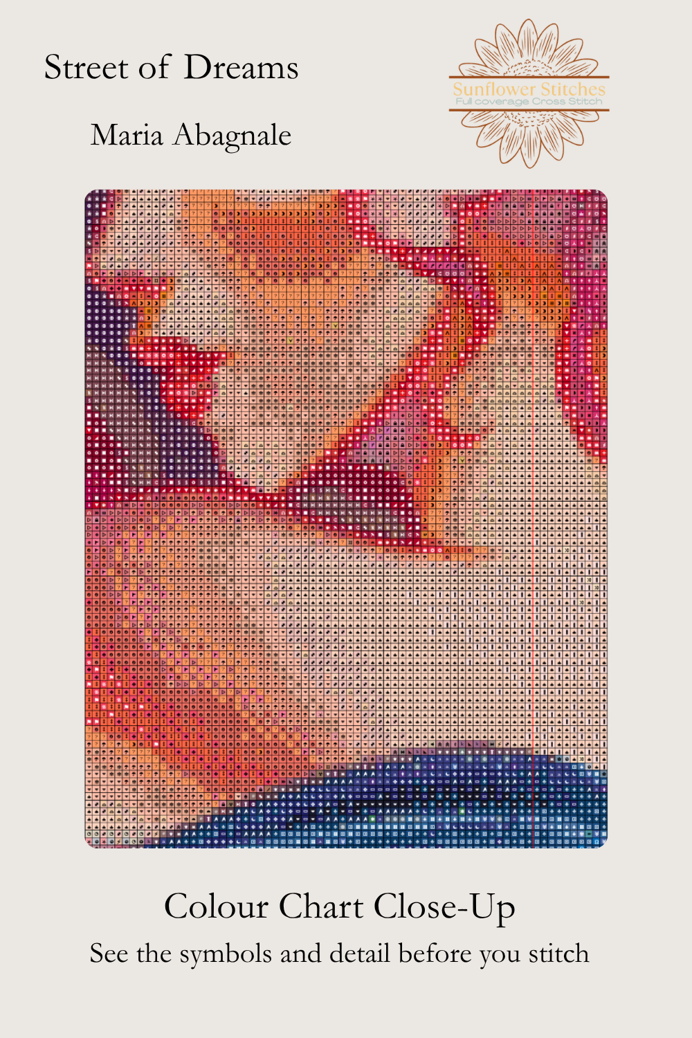 Street of Dreams colour chart close-up, showing stitch symbols over the woman’s face and shoulder, Sunflower Stitches.