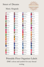Street of Dreams printable floss organiser labels, showing DMC colour numbers and stitch symbols, Sunflower Stitches.