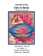 Street of Dreams chart cover, showing a pink-haired woman with large blue butterfly wings, Sunflower Stitches.