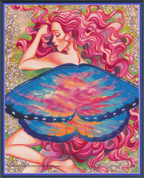Street of Dreams cross stitch mock-up, showing a pink-haired woman with large blue butterfly wings, Sunflower Stitches.