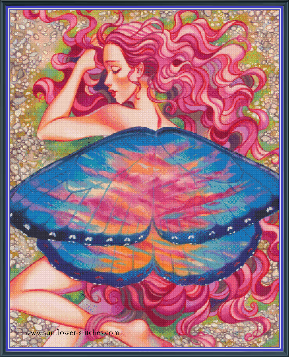 Street of Dreams cross stitch mock-up, showing a pink-haired woman with large blue butterfly wings, Sunflower Stitches.