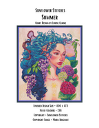 Summer chart cover, showing a turquoise-haired woman with seashells and colourful flowers, Sunflower Stitches.