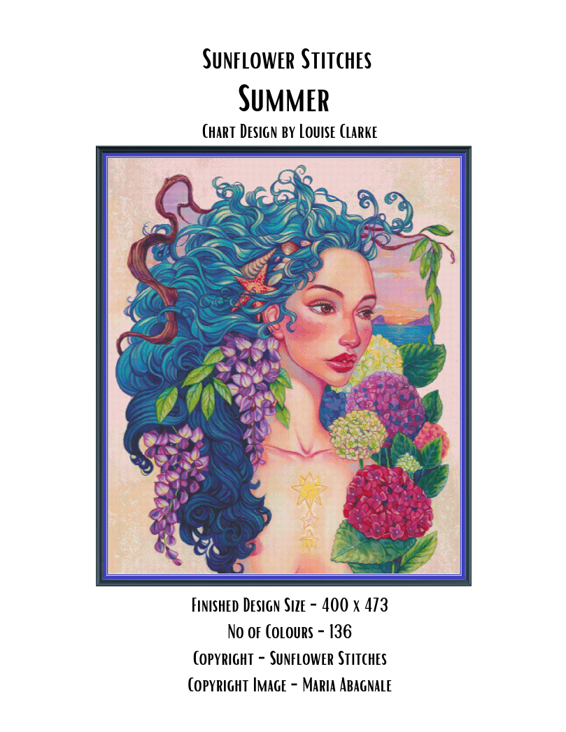 Summer chart cover, showing a turquoise-haired woman with seashells and colourful flowers, Sunflower Stitches.