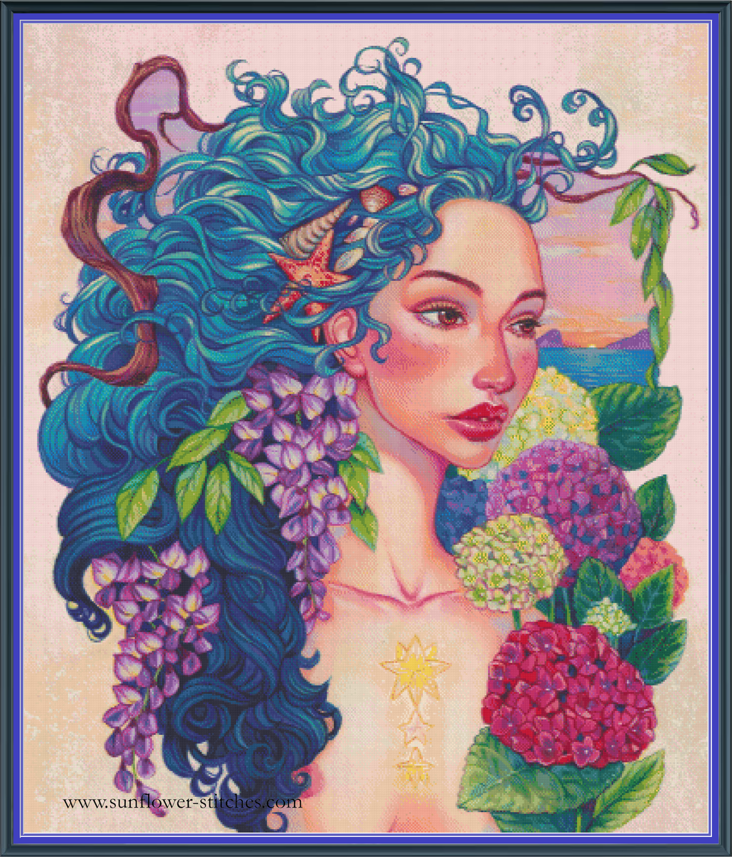 Summer cross stitch pattern mock-up, showing a turquoise-haired woman with seashells and flowers, Sunflower Stitches.