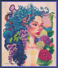 Summer cross stitch pattern mock-up, showing a turquoise-haired woman with seashells and flowers, Sunflower Stitches.