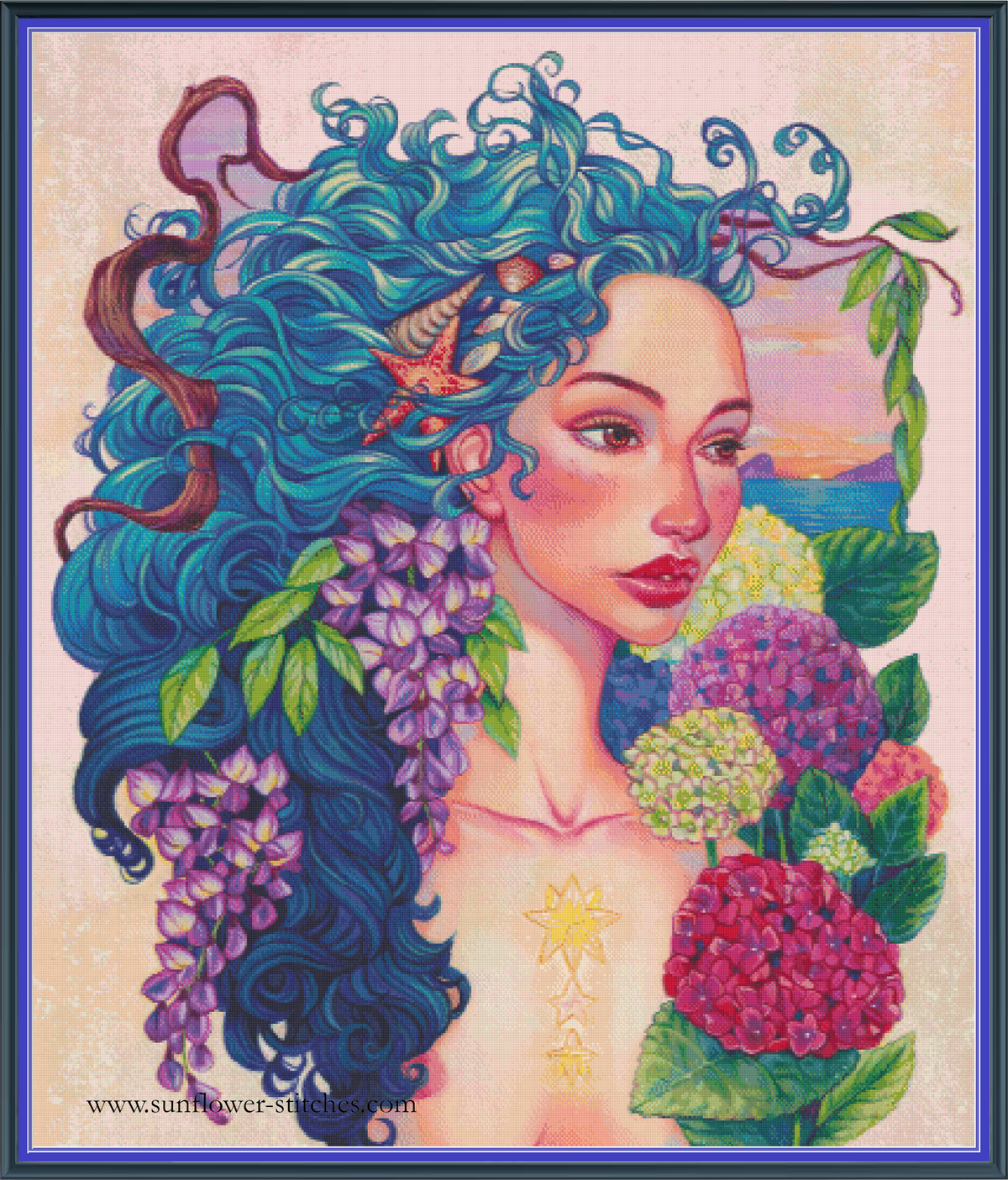 Summer cross stitch pattern mock-up, showing a turquoise-haired woman with seashells and flowers, Sunflower Stitches.