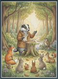 Digital PDF full-coverage cross-stitch chart of woodland animals gathering, The Woodland Meeting by Sunflower Stitches.