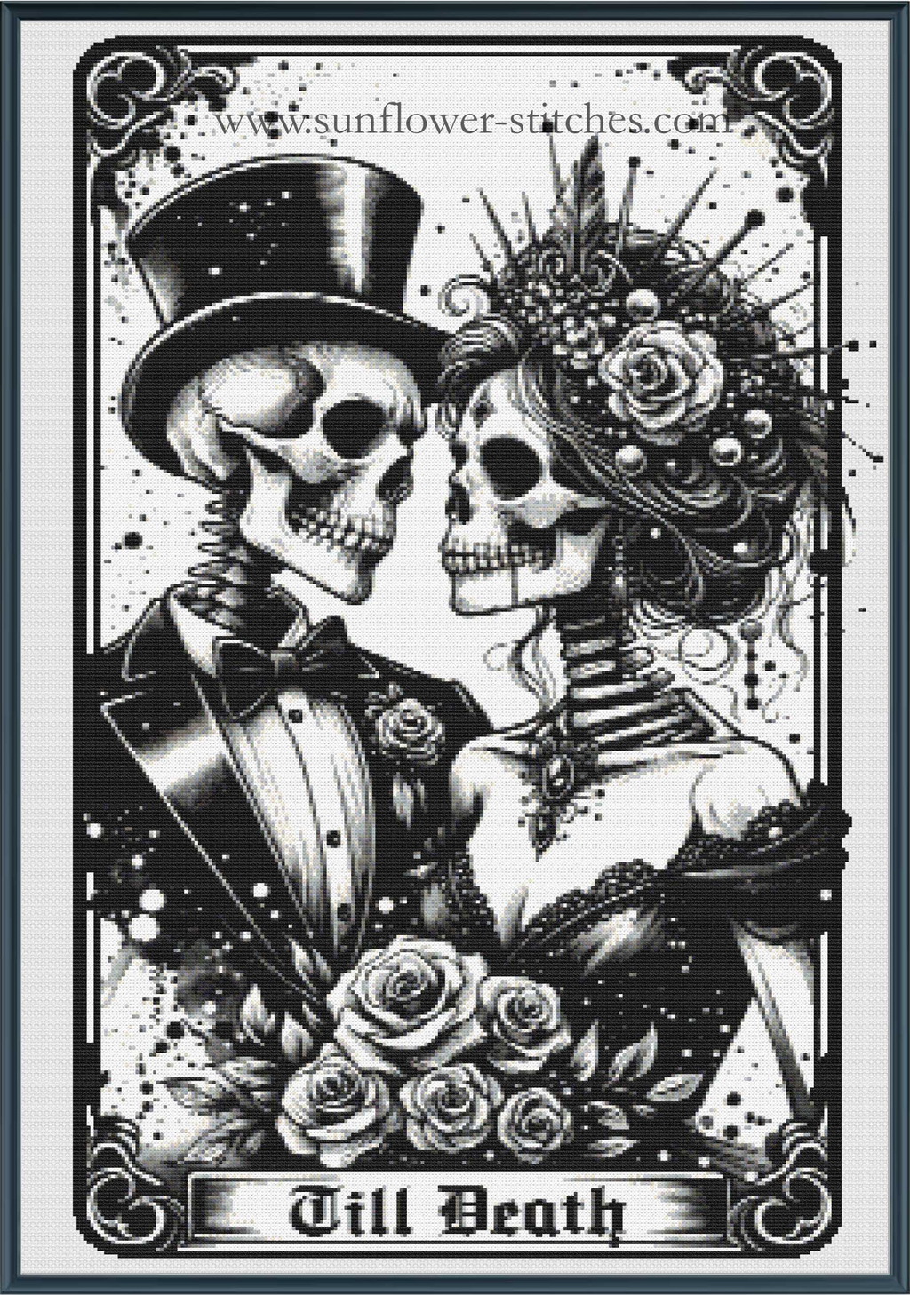 Black and white Day of the Dead skeleton wedding couple cross stitch, featuring a groom skeleton in a top hat and tuxedo and a bride skeleton with a rose crown and bouquet, with the text ' Till Death' at the bottom.