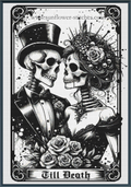 Black and white Day of the Dead skeleton wedding couple cross stitch, featuring a groom skeleton in a top hat and tuxedo and a bride skeleton with a rose crown and bouquet, with the text ' Till Death' at the bottom.