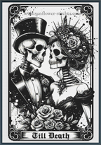 Black and white Day of the Dead skeleton wedding couple cross stitch, featuring a groom skeleton in a top hat and tuxedo and a bride skeleton with a rose crown and bouquet, with the text ' Till Death' at the bottom.