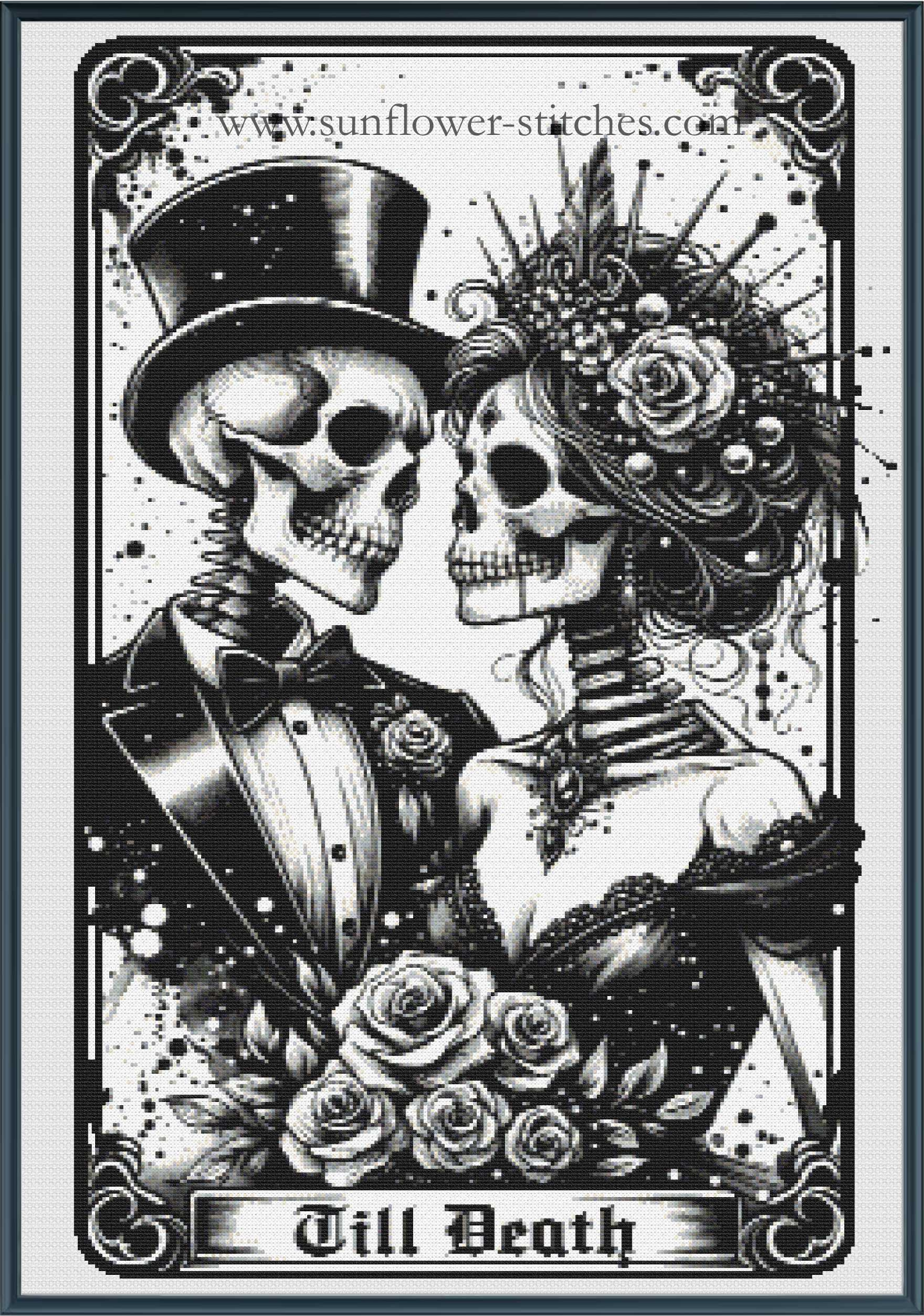 Black and white Day of the Dead skeleton wedding couple cross stitch, featuring a groom skeleton in a top hat and tuxedo and a bride skeleton with a rose crown and bouquet, with the text ' Till Death' at the bottom.
