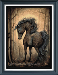 Framed fantasy cross stitch featuring a dark, ornate horse standing in a misty forest. The horse has intricate swirling patterns across its body and flowing dark mane and tail.
