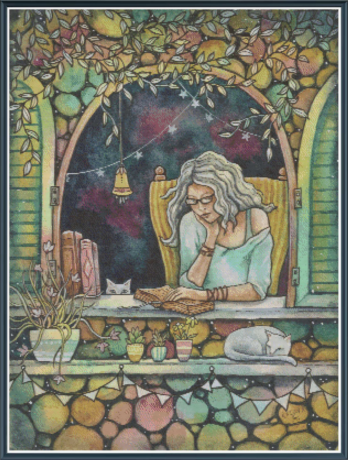 Digital PDF full-coverage cross-stitch chart of a woman reading beside a cat at a window, Window Nest by Sunflower Stitches.