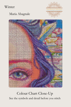 Winter cross stitch colour chart symbol preview showing counted stitched grid detail of the woman's facial detail, Sunflower Stitches.
