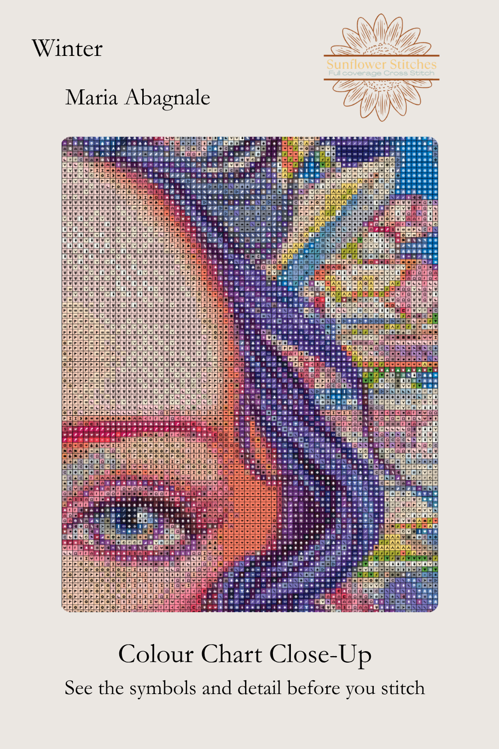 Winter cross stitch colour chart symbol preview showing counted stitched grid detail of the woman's facial detail, Sunflower Stitches.