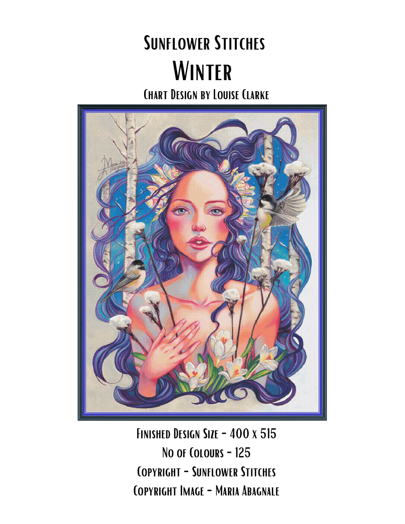 Winter cross stitch pattern cover sheet preview showing design specifications and finished size details, Sunflower Stitches.