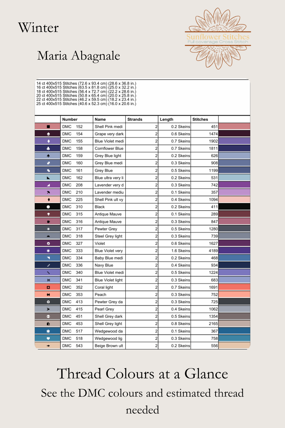 Winter cross stitch DMC floss list preview showing thread colour codes and estimated usage, Sunflower Stitches.
