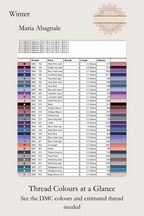Winter cross stitch DMC floss list preview showing thread colour codes and estimated usage, Sunflower Stitches.