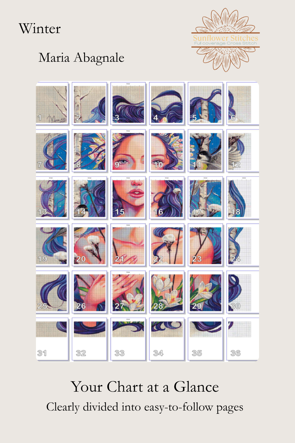Winter cross stitch pattern page map layout showing numbered chart section grid, Sunflower Stitches.