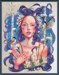 Digital PDF full-coverage cross-stitch chart of a purple-haired woman with birds, Winter by Sunflower Stitches.